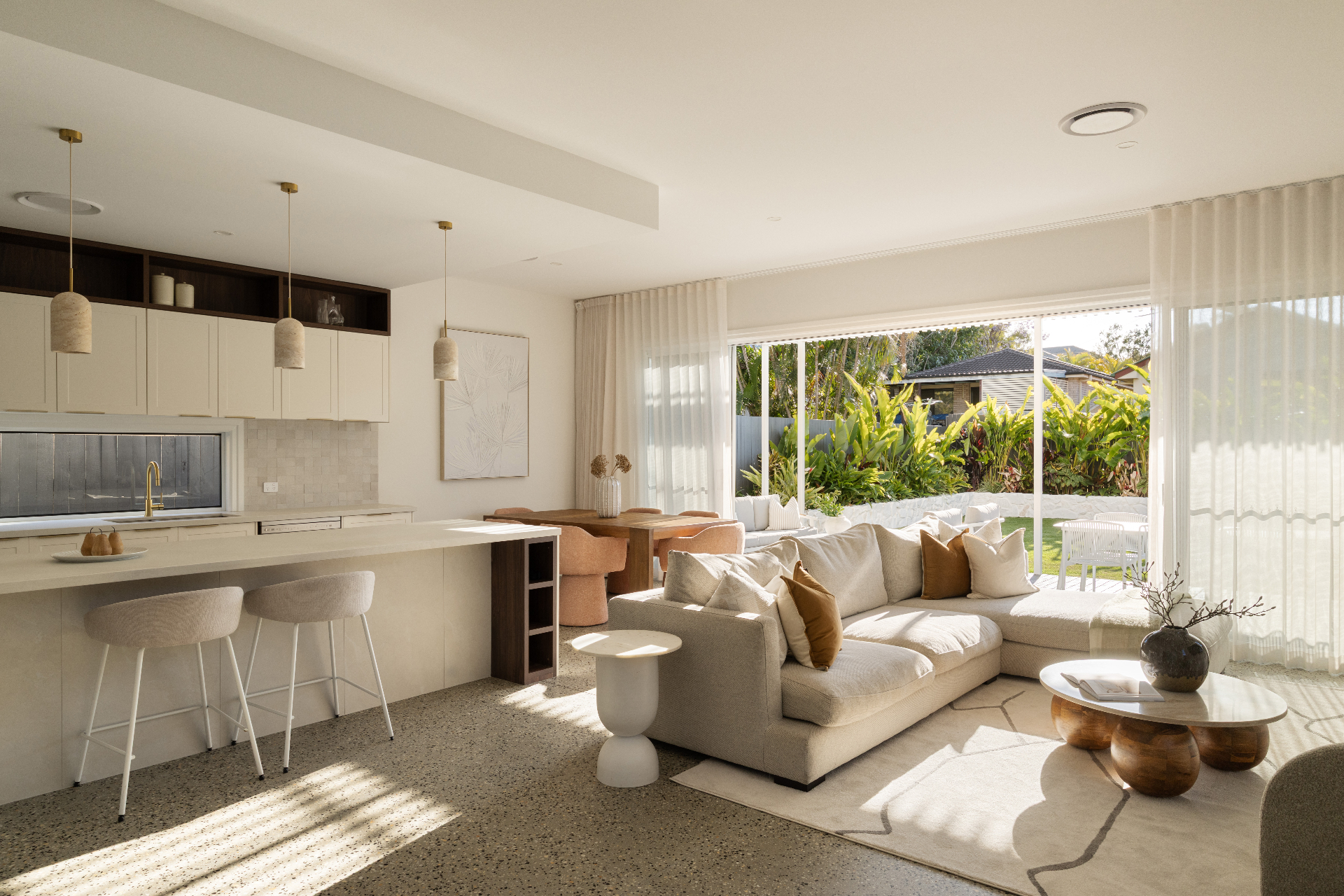 Open-plan kitchen, dining and living flowing to the garden, Geebung